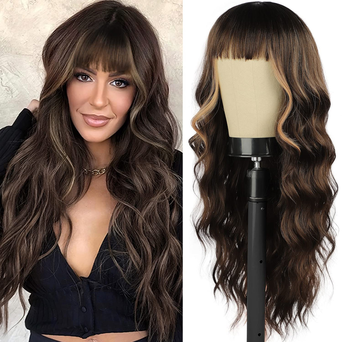 Ins Hot Brown Wig With Bangs Long Wavy Wig – Wigyy